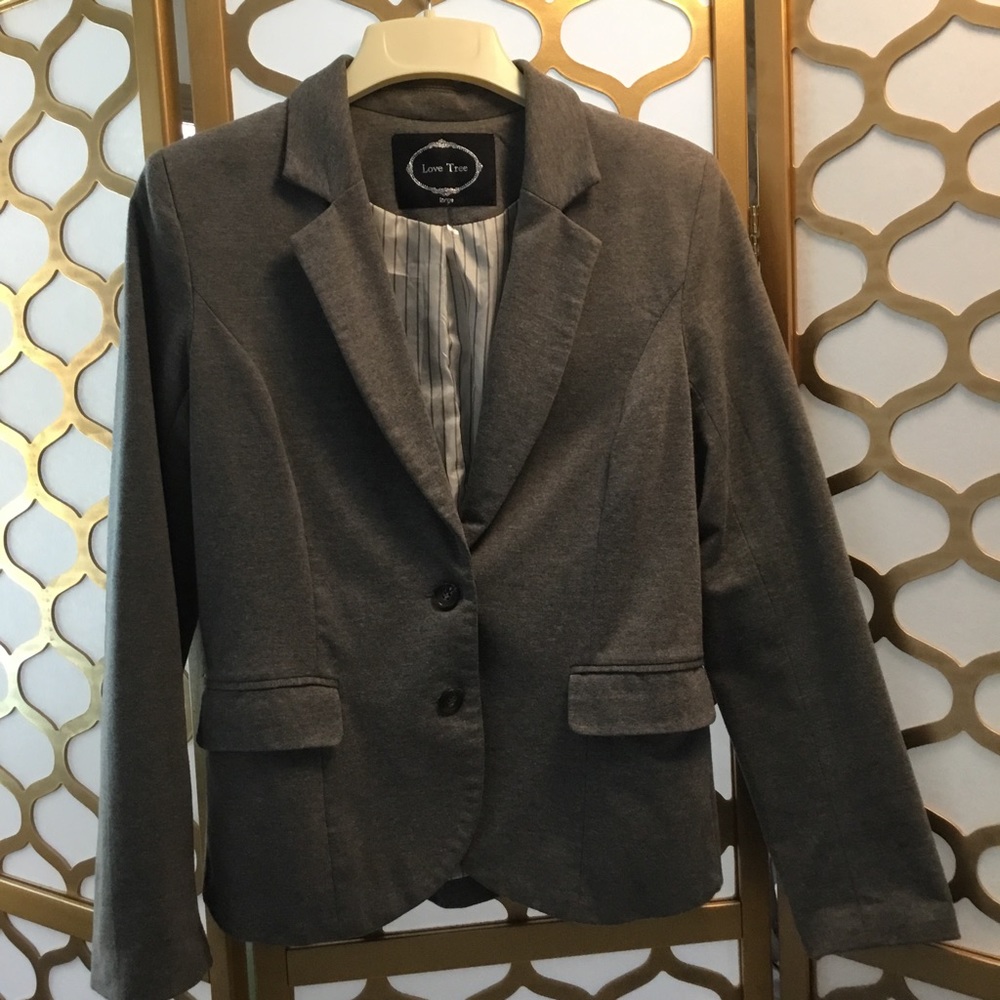 Love Tree Suit Jacket Blazer Gray with Brown Suede Elbow Patches